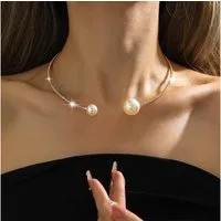 MOPUEA Kette mit Anhänger Boho Strass Perle Choker,Faux Perle offene geometrische Kragen (Einstellbar Nachahmung Perle Offene Halskette Braut Hochzeit Kristall, 1-tlg., Silber Kristall Zarte Halskette Schmuck für Frauen und Mädchen), Zarte Choker Hal