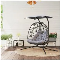 Outsunny Schaukelstuhl mit Kissen, Sonnenschutzdach, aus Polyrattan, für 2 Personen (faltbar Hängesessel mit Gestell, 1 St), belastbar bis 260kg, für Balkon, Terrasse, Dunkelgrau