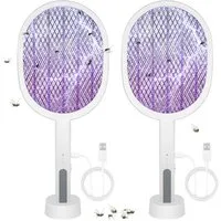 OZAVO Fliegenklatsche 1/2er Elektrische Fliegenklatsche, 3000V Fliegenklatsche Elektrisch, Aufladbar Elektro Mückenklatsche mit UV Lichtfalle Moskito Weiß