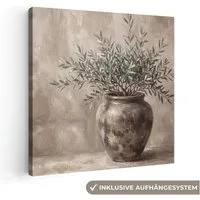 OneMillionCanvasses® Leinwandbild Olivenpflanze - Tontopf - Abstrakt - Beige, Fotodruck (1 St), Wandbild, Deko Schlafzimmer Wohnzimmer Flur 20x20 cm