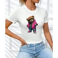 RMK Print-Shirt Damen Shirt kurzarm Rundhalsshirt coolen "Lederjacke Teddy Bär" aus 100% Baumwolle