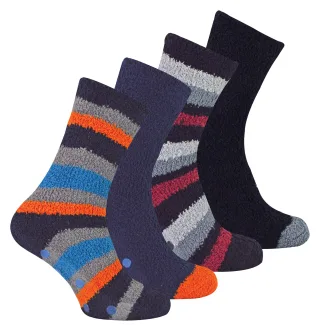 4 Paar Herren Bettsocken |Thermal Anti Slip Fuzzy Slipper Socken - Schwarz / Orange Stripe