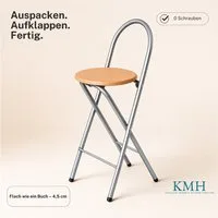 KMH Barhocker Bill klappbar mit Lehne & Fußstütze Silber Buchendekor 73 cm Küche Bar (Vormontiert geliefert–einfach auspacken, aufstellen & sofort loslegen, Platzsparend zusammenlegbar–ideal für kleine Räume, Events und Gäste), Stabiles Stahl-Rundroh