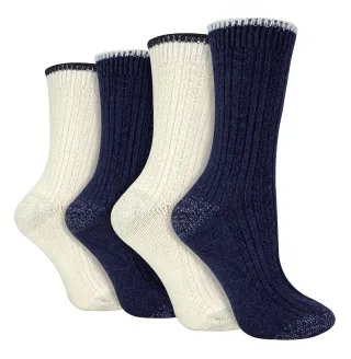 4er Pack Damen Kabelstrick Socken | Wildfeet | Lurex Glitzer Socken für Frauen - Blau/Creme