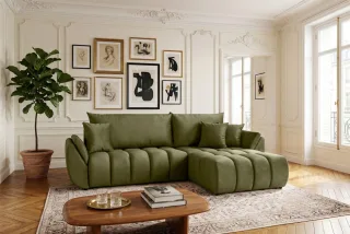 Ecksofa Schlafsofa Sofa COLLIN in Stoff Monolith Olivgrün Ottomane Rechts