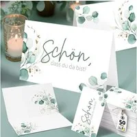 Funke & Brand Grußkarten 50x Schön, dass du da bist Tischkarten - Greenery Efeu Design