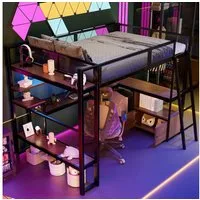 Odikalo Hochbett 140x200 Jugendbett mit Schreibtisch LED und Stauraum (Metall-Gaming-Hochbett (140 x 200 cm) mit integriertem Arbeitsplatz, LED-Beleuchtung und viel Stauraum)
