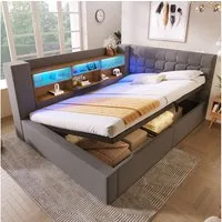 Ulife Polsterbett 140×200cm&weitere Größen mit Bettkasten, LED, hydraulischem Stauraum (1-tlg., Ohne Matratze), L-förmigem Kopfteil beidseitig montierbar, Kinderbett 140x200cm, Grau