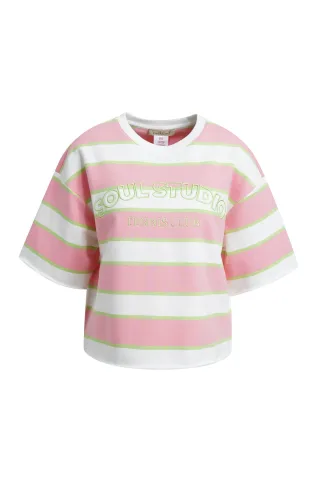 Smith&Soul - Boxy cropped College Sweatshirt short sleeve Multistriped bubblegum - Gr. - M