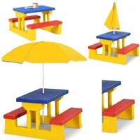 COIL Garten-Kindersitzgruppe Kinder-Picknicktisch mit Sonnenschirm 107 x 67 x 135 cm, 5 kg, (4-tlg), verschiedene Farben, Kunststoff UV-beständig, für Kinder ab 3 Jahren