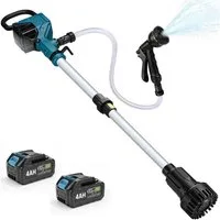XERSEK Regenfasspumpe 3600 L/h Akku Stab-Wasserpumpe mit 2×4,0Ah Akku Kabellose Gartenpumpe (Set, 3-tlg., 10m Förderhöhe, Stab-Transferpumpe mit Gartensprühdüse & 2m Schlauch), für Regentonnen Garten Pool Teich