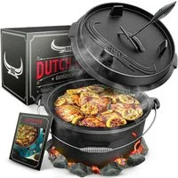 Taste of Fire Feuertopf BBQ Dutch Oven Feuertopf - Gusseisen Set 7L für Grill & Lagerfeuer, Gusseisen, Voreingebrannt inklusive Deckelheber und E-Book