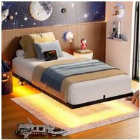 FABATO Metallbett Schwebebett, Bettgestell mit LED-Licht & USB-Ladestation & Steckdosen, 9 versteckte Beine, Schwarz, 90*200 cm