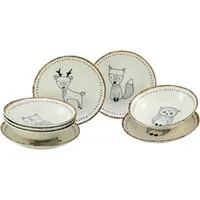 CreaTable Teller-Set Freunde des Waldes Bunt, Teller Set 8-tlg. (8-tlg), 4 Personen, Steinzeug, Tiermotive, skandinavischer Stil, unregelmäßiger brauner Rand