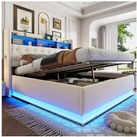 Merax Polsterbett mit LED-Leuchten und USB (1-tlg., Hydraulisches Stauraumbett Mehrzweckbett), Doppelbett 180x200cm mit hydraulischem Stauraum & Ablagefächern,Leinen