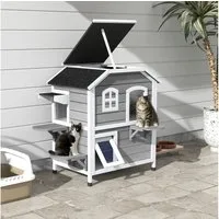 PawHut Tierhöhle mit Asphaltdach, mit Treppen, 2-Etagen Katzenvilla, Wasserfest, für Garten, Balkon, Grau