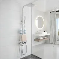 LuxaSteel Duschsystem Duschsystem mit Regendusche, 2 Handbrausen & Ablage, 5 Strahlart(en), Komplett-Set, Thermostat mit Brausegarnitur mit Kopfbrause, 3-fach verstellbare Wellness Handbrause, integrierte Ablage