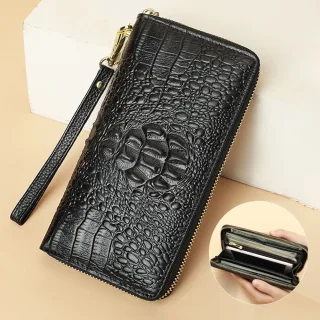 Ekphero Genuine Leather Crocodile Texture Wallet Unisex Long Business Handheld Bag Zipper Card Holder Fashion Cowhide Mo