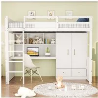Merax Hochbett (1-St., Jugendbett Einzelbett Holzbett) Kiefer Kinderbett 90x200 cm mit Schreibtisch Kleiderschrank Schubladen