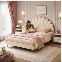 Simurq Polsterbett Kinderbett 140x200 für Mädchen,Bettgestell mit Lattenrost,Samtstoff (Versand in 2 Paketen, Mädchen Bett für kinder/Erwachsenen,Ohne Matratze), Prinzessin Bett, Beige Doppelbett mit Kopfteil in Blumenform