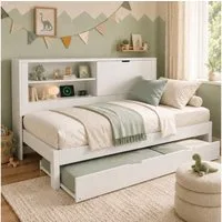 Flieks Kinderbett, Daybett 90×200cm mit Ausziehbett 90x190cm, Stauraum und Ladefunktion