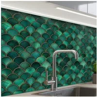 KitchenYeah Küchenrückwand Muster selbstklebend (keine Folie) Schuppen - Textur - Tiefgrün - Gold, (1-tlg), Spritzschutz, Küche, Rückwand, Küchenwand, Küchenfront, 30x20 cm