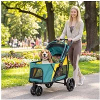 PawHut Hundebuggy Katzenwagen mit Kissen, Netzfenstern, Rückentasche, Räder, Tür, (Hundewagen, 1-tlg), für mittelgroße Hunde bis 20kg, Dunkelgrün