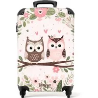 NoBoringSuitcases.com© Kinderkoffer Rosa und braune Eule sitzen zusammen auf einem Ast 55x35x20cm, 4 Rollen, Handgepäck-Koffer, Kinderkoffer, Reisekoffer Mädchen