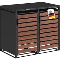 STEELSØN Mülltonnenbox Kestra 240L aus verzinktem Stahl (Graphitschwarz/Nußbaum-Holz, verfügbar mit 1, 2, 3, 4, oder 5 Türen), für 2 Tonnen, mit Sichtstreifen Holzoptik