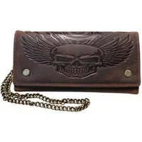 MDM Brieftasche Vintage Biker Kartenportemonnaie aus Leder mit Kette RFID, Echtleder, Totenkopf-Prägung