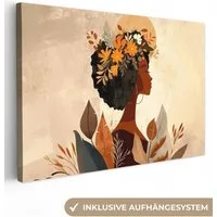 OneMillionCanvasses® Leinwandbild Frau - Locken - Blumen - Beige, Fotodruck (1 St), Leinwand Bilder Klein, Wand Dekoration Aesthetic 30x20 cm