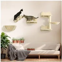 PawHut Katzen-Kletterwand 4 tlg. mit Kaztentreppe, Hängematte, Sprungplatt, Wandkratzbaum, für Katzen bis 5 kg, Polyester, beige