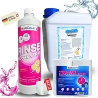 BlueCraft Sanitärflüssigkeit Set 1x 1L & 2,5L für Campingtoiletten Sanitärzusatz Campingtoilettenreiniger (inkl. Dosierbecher 50 ml & 4er Toilettenpapier Sanitärflüssigkeit für Camping Hygiene)
