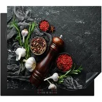 MuchoWow Herd-Abdeckplatte Kräuter - Paprika - Knoblauch - Beton, Vinyl, (1 tlg), Abdeckplatte für Ceranfeld, Herd Inductionsmatte, 60x50 cm
