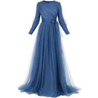 Modavitrini Tüllkleid Maxikleid langarm Abendkleid festlich elegant mit Gürtel bodenlang gefüttert, blickdicht