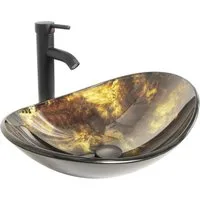 Puluomis Aufsatzwaschbecken Waschbecken Set mit Wasserhahn und Ablaufgarnitur Oval, Handgezeichnet Waschschale, Waschplätze für Badezimmer Küche WC
