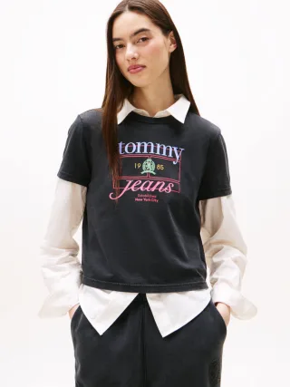 Tommy Jeans - T-Shirt mit Frontprint grau - Gr. - M
