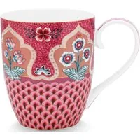 PiP Studio Becher Flower Festival sca.Henkelbecher dark p. XL 450 ml, Porzellan, Mug XL Flower Festival Scallop Deco Dark Pink 450ml
