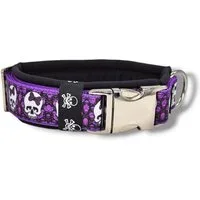 D by E Couture Hunde-Halsband "Lilac Skulls", gepolstert, verstellbar, 40mm breit, Handmade