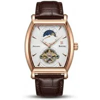 Rötting Design Automatikuhr Herren - offene Unruhe & Glasboden - Herrenuhr Automatik - Armbanduhr, Goldrosefarbenes Gehäuse - Lederarmband, mechanisch 24h Anzeige