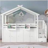 Flieks Hochbett Kinderbett 90x200cm mit Vorhang, Kleiderschrank und Stauraumtreppe