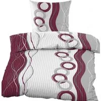 KH-Haushaltshandel Bettwäsche Seersucker Bettwäsche 135x200 +80x80cm, Wellen Kreise, Seersucker, lilabeere grau weiß, Kreise mit Wellen/Streifen Muster, bügelfrei