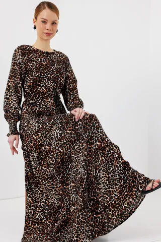 Blätterdruck Langarm Stufenmaxikleid