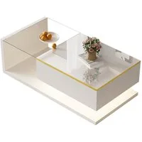 Merax Couchtisch hochglanz Beistelltisch mit Stauraum und Glastischplatte (100x50x32,5cm), Wohnzimmertisch mit Bluetooth, Sofatisch Kaffeetisch mit LED