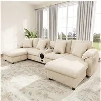 Odikalo Sofa Modulares Sofa mit USB & Bluetooth-Lautsprecher, U- oder L-Form, Cord-Sofa mit Bluetooth-Lautsprecher und Konsole, Ecksofa mit Stauraum, kabellosem Laden, USB-Anschlüssen, Getränkehaltern und Kissen