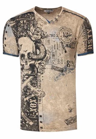 V-Neck T-Shirt mit All Over Skull X Snake Print und Wildleder-Details
