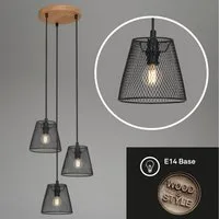 Briloner Leuchten Pendelleuchte Hängelampe Wohnzimmer TAUNUS, 3-flammig, retro/vintage, Metallschirm und Holz Basis, schwarz, 21 cm