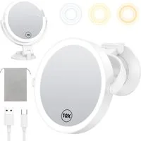 Vornix Schminkspiegel Kosmetikspiegel Schminkspiegel mit Beleuchtung (1X/10X Vergrößerung, 3 Lichtmodi, USB-C Aufladbarer, Doppelseitiger LED-Lichtspiegel mit Saugnapf), Kosmetikspiegel für Wand & Tisch,360° Drehbar für Badezimmer