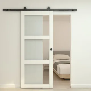 Holzschiebetür Komplettset Landhausstil in Weiß mit Glaseinsatz 1025x2150mm inkl. Softclose