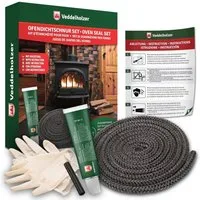 Veddelholzer Dichtungsband Ø6-14mm Ofendichtband Set Ofendichtung Kamindichtung Kaminofen Zubehör, (Backofen Dichtung, Ofendichtschnur für Kaminofen, Öfen), Inkl. Hochtemperaturkleber, Handschuhe, Hülsen und Anleitung
